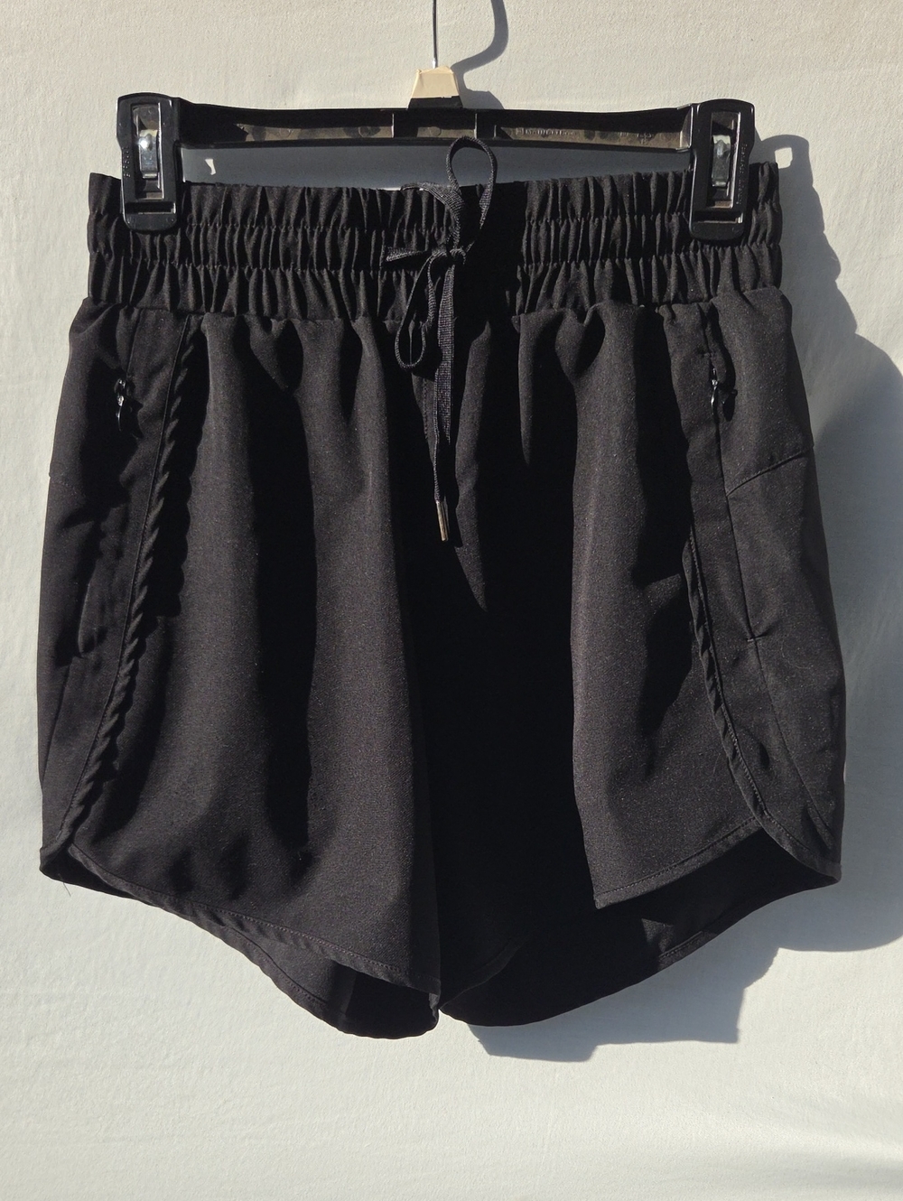 Women's Black Athletic Drawstring Shorts with Curved Hem & Zip Pockets Sz L